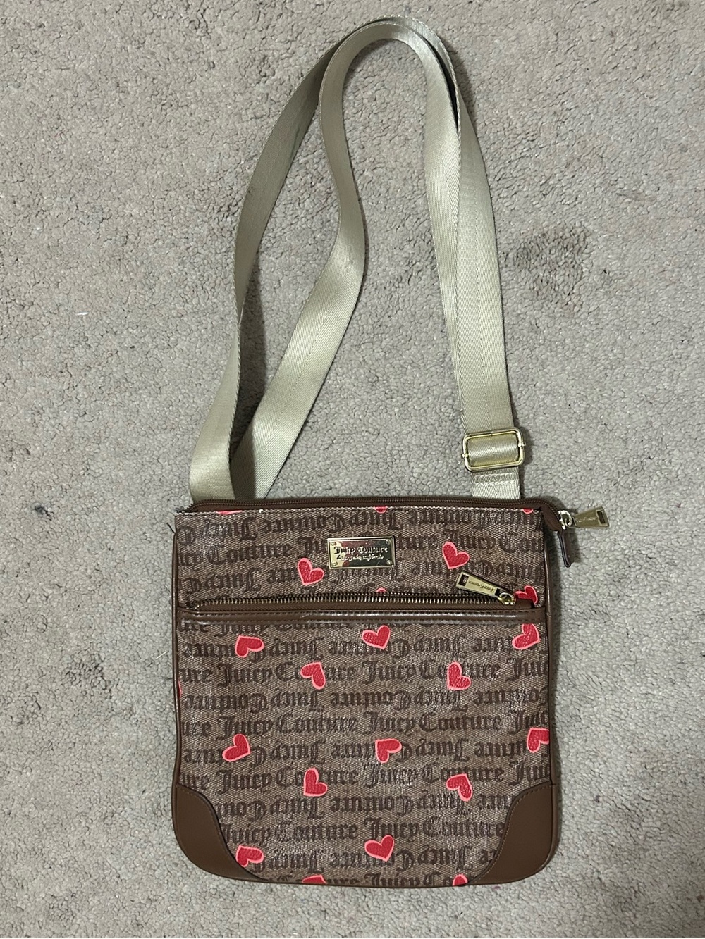Juicy Couture Brown Logo Crossbody with Red Heart Print